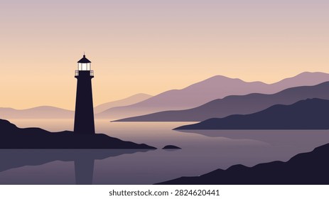Lighthouse Silhouette at Sunset Over Calm Mountain Coastline