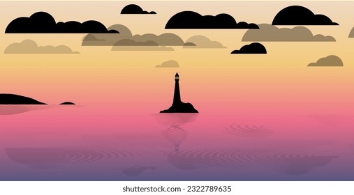 A lighthouse silhouette at sunset, with water reflection. Editable vector illustration.