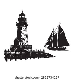 Lighthouse silhouette vector graphic featuring stone tower design and wooden dock structure alongside classic sailing ship icon. Simple bold black shape suitable for nautical logos maritime branding sea voyage illustrations coastal decor art prints or travel themed creative project assets.