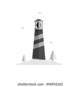 Lighthouse silhouette vector illustration. Beacon on island with trees, grass and seagulls. Isolated on white background. Grayscale and simple.