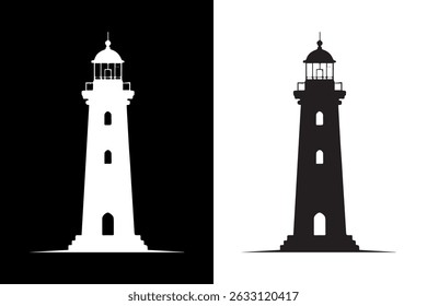 Lighthouse Silhouette Vector Illustration On Black and White Background