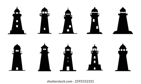 Lighthouse Silhouettes | Nautical Tower Icons | Coastal Navigation Symbols made by adobe illustrator