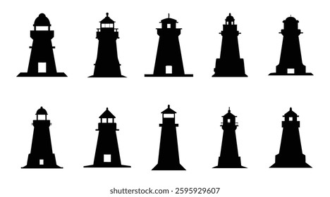 Lighthouse Silhouettes | Nautical Tower Icons | Coastal Navigation Symbols made by adobe illustrator