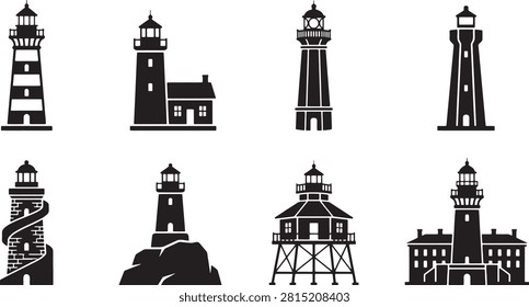 Lighthouse silhouettes set showing various coastal beacon tower structures