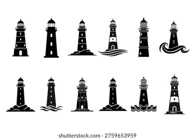 Lighthouse silhouettes vector set coastal beacon tower icons isolated on white background