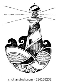 lighthouse simple drawing icon art deco waves spiral light bulb