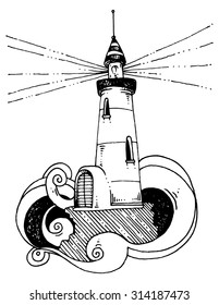 lighthouse simple drawing icon decorative waves