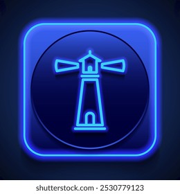 Lighthouse simple icon. Flat design. Blue neon style on button. With shadow.ai