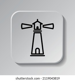 Lighthouse simple icon. Flat desing. Black icon on square button with shadow. Grey background.ai