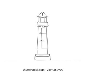Lighthouse in simple line art illustration. Continuous one line draw of lighthouse coast tower.
