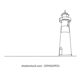 Lighthouse in simple line art illustration. Continuous one line draw of lighthouse coast tower.