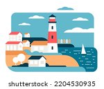 Lighthouse in simple minimal landscape of coastal town vector illustration. Cartoon silhouettes of beacon tower and houses on beach, in sailing ship in sea waves, city in harbor with minimalist shapes