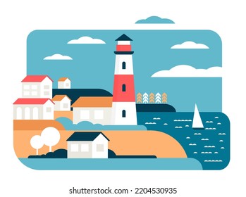 Lighthouse in simple minimal landscape of coastal town vector illustration. Cartoon silhouettes of beacon tower and houses on beach, in sailing ship in sea waves, city in harbor with minimalist shapes