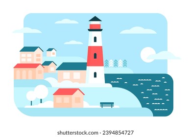 Leuchtturm im einfachen Winter minimale Landschaft der Küstenstadt Vektorgrafik. Cartoon-Silhouetten des Leuchtturms und Häuser am Strand, in Segelschiff in Meereswellen, Stadt im Hafen