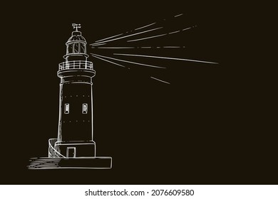 Lighthouse sketch. Beacon with a light beam. Vector illustration isolated in black background