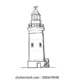 Lighthouse sketch. Beacon with a light beam. Vector illustration isolated in white background