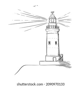 Lighthouse sketch. Beacon with a light beam. Vector illustration isolated in white background