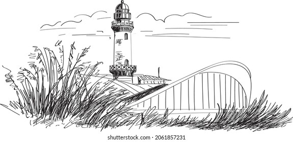 Lighthouse sketch drawing, with some architecture objects and grass at front.