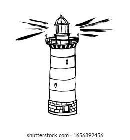 The lighthouse sketch. Hand drawn grunge vector illustration. Doodle cartoon style. Lighthouse with light rays brush ink style. 