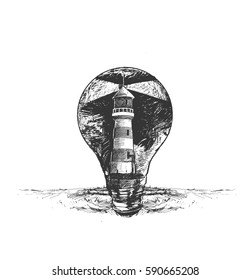 lighthouse sketch icon art deco waves spiral light bulb, Vector illustration.