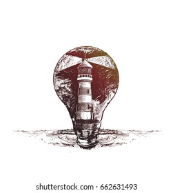 lighthouse sketch icon art decor waves spiral light bulb, Vector illustration.