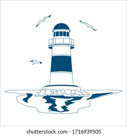 Lighthouse, sketch on the marine theme. Monochrome contour vector illustration isolated on white background. Handwork