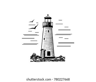 Lighthouse with Sky and Abstract Bird on the Beach Illustration Hand Drawing Logo Vector