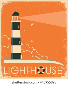 Lighthouse and sky on old poster texture.Vector vintage illustration