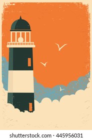 Lighthouse and sky on old poster.Vector vintage illustration