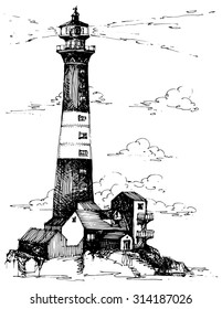 lighthouse slim cylindrical retro old house island simple drawing