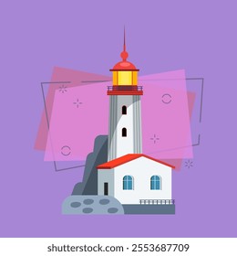 Lighthouse with small house. Lightkeepers building and tall beacon on stone surface. Can be used for topics like signal, ocean, navigation