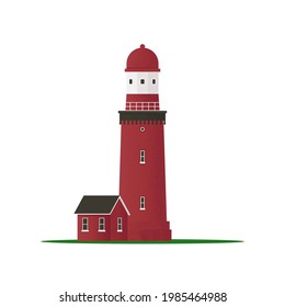 Lighthouse, Small old building, isolated on white background. Vector Beacon in flat style