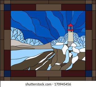 Lighthouse in the snow in winter stained glass window