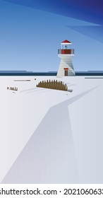 lighthouse at snowy region shoreline with bushes and grass nearby