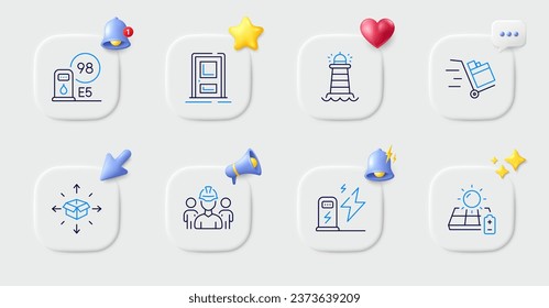 Lighthouse, Solar panel and Petrol station line icons. Buttons with 3d bell, chat speech, cursor. Pack of Push cart, Entrance, Parcel delivery icon. Vector