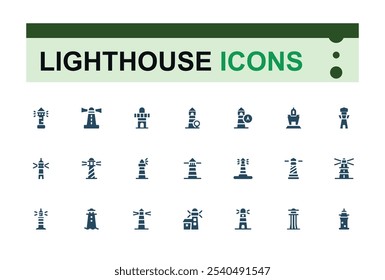 Coleções de ícones sólidos do farol. Contém ícones como direção, marinha, casa, porto, onda, marinheiro e muito mais. Ícones de estilo de preenchimento plano. Ilustração vetorial editável.