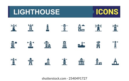 Leuchtturm Solid Icon Kollektionen. Enthält Symbole wie Richtung, Meer, Haus, Hafen, Welle, Seemann und mehr. Flache Stilsymbole. Bearbeitbare Vektorgrafik.