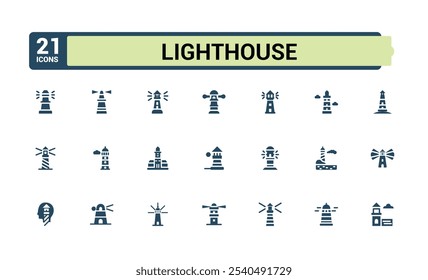 Leuchtturm Solid Icon Kollektionen. Enthält Symbole wie Richtung, Meer, Haus, Hafen, Welle, Seemann und mehr. Flache Stilsymbole. Bearbeitbare Vektorgrafik.