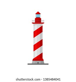 Lighthouse with a spiral pad and a caretaker. Vector illustration.