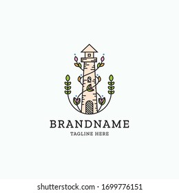 Lighthouse with spread flower logo icon design template. Floral, bloom, leaf, nature vector