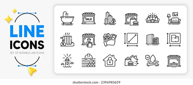 Lighthouse, Square area and Bath line icons set for app include Delivery market, Food market, Buildings outline thin icon. Flood insurance, Buying house, Food delivery pictogram icon. Vector