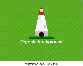Lighthouse standing in the grass located at the abstract dotted a green background