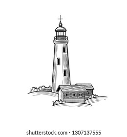 Lighthouse standing on a hill, next to a small house. The picture on a white background. Vector illustration. Isolated images on white background. Vintage style. 