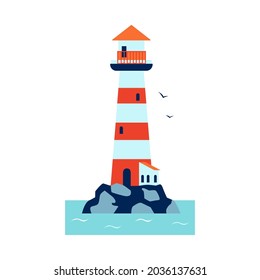 Lighthouse standing on an island in the sea. Birds in the sky, sea, red and white lighthouse signaling ships. Icon for game, application about travel, sea, geography. Vector flat illustration, cartoon