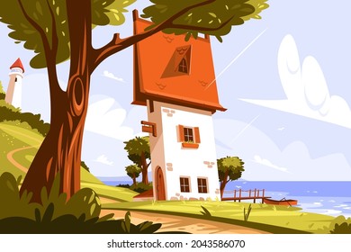 Lighthouse standing on land vector illustration. Signal building on seaside flat style. Coastline landscape with beacon. Sea and lonely house. Hope symbol solitude and nature concept