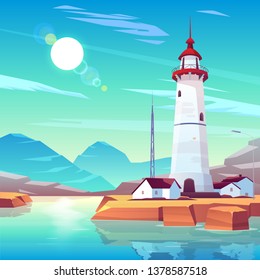 Lighthouse standing on rocky seashore surrounded with houses and tv tower under sun shining in cloudy sky. Marine landscape with white beackon on seaside. Tranquil nautical cartoon vector illustration