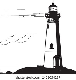 A lighthouse standing in the sea. Graphic black and white illustration 