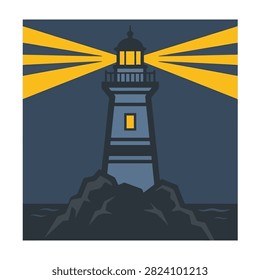 Lighthouse standing tall on rugged rocks, shining yellow light beam into dark blue night sky, guiding ships safely to shore