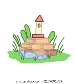Lighthouse stands on bricks. Garden decoration on stone mountain. Vector art hand drawn on white background.