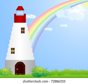 The lighthouse stands on a green meadow against the blue sky with rainbow